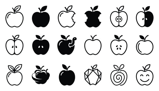 Apple fruit vector icon set featuring whole apples, sliced halves, bitten apples with worms, apple cores, geometric fruit designs and healthy nutrition symbols for organic food branding.