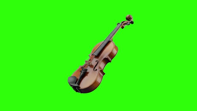 A detailed 3D animated classical wooden violin rotates slowly in the air. This musical instrument asset is isolated on a chroma key green screen.