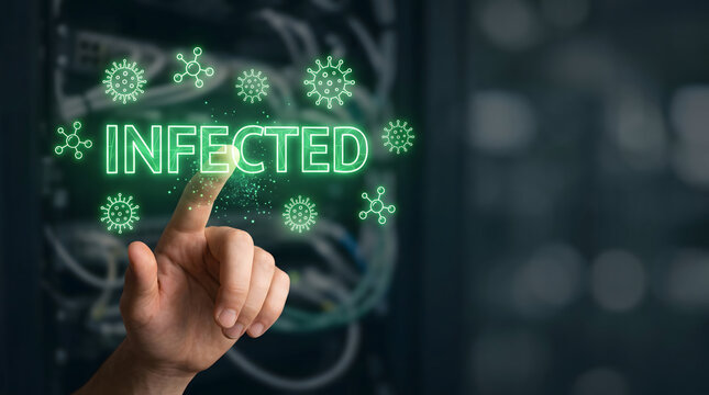 Infected cybersecurity and virus threat concept with digital interface showing malware contamination alert