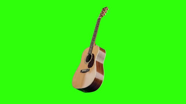 A classic wooden acoustic guitar rotates slowly in a 3D animated loop. This musical instrument asset is isolated on a chroma key green screen.