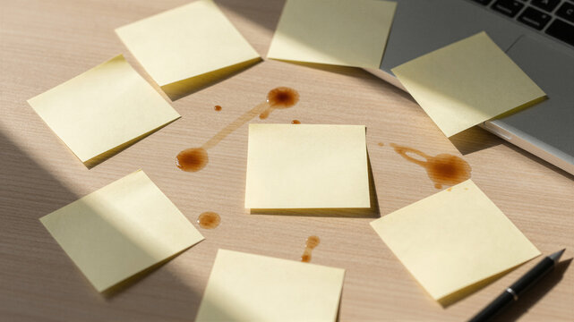 Messy desk with coffee stains and sticky notes