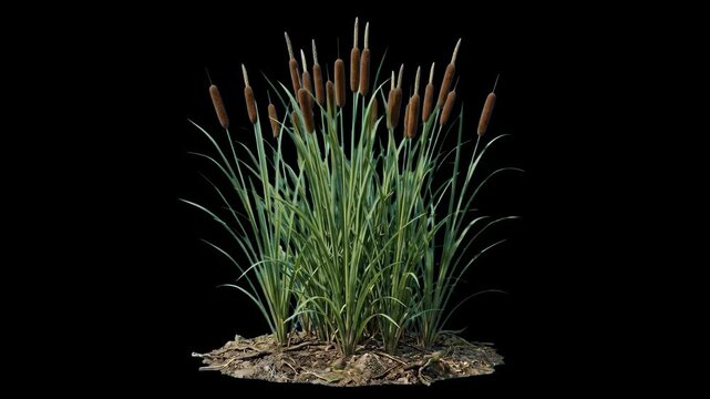 A clump of green cattail plants with tall brown stems and seed heads isolated on a black background. Great for nature documentaries, realistic environmental assets, and botanical education.