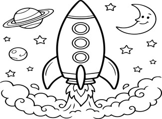Black and white illustration of a rocket launching into space © MD ABDUL AJIJ