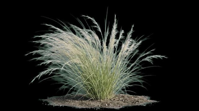 A patch of realistic 3D animated tall ornamental feather grass sways gently, growing from a small soil mound. This botanical asset is isolated on a solid black background.