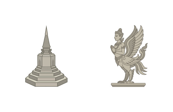 Thai Traditional Cultural Symbols featuring a Buddhist Stupa and Mythical Kinnara Figure