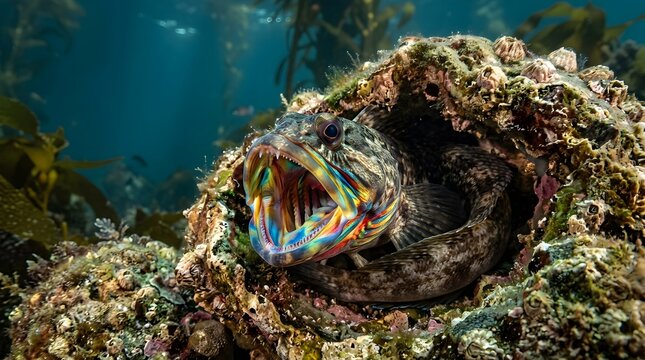 Close-up of a colorful lingcod fish with its mouth open inside a kelp forest underwater