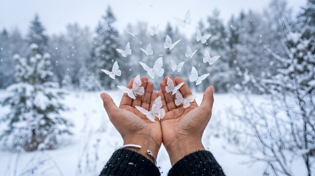 Hands holding delicate crystal butterflies flying in snowy forest landscape