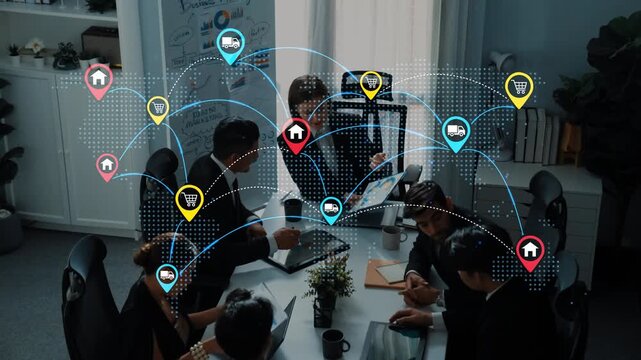 Business Meeting with Digital Connectivity Concept, Team Collaboration, Technology Integration, Network Graphics, Modern Workspace Interaction Analysis, Strategic Planning Session. Entropy.