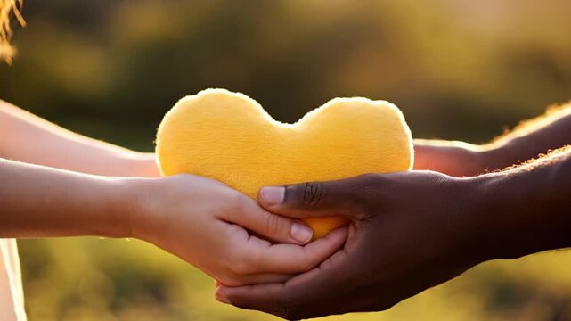 Diverse Hands Sharing Yellow Heart Shape Outdoors