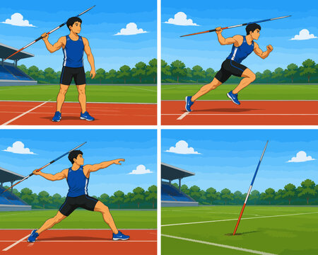 Series of javelin throwing techniques in an open stadium field, ready position, running start phase, successful throwing power position
