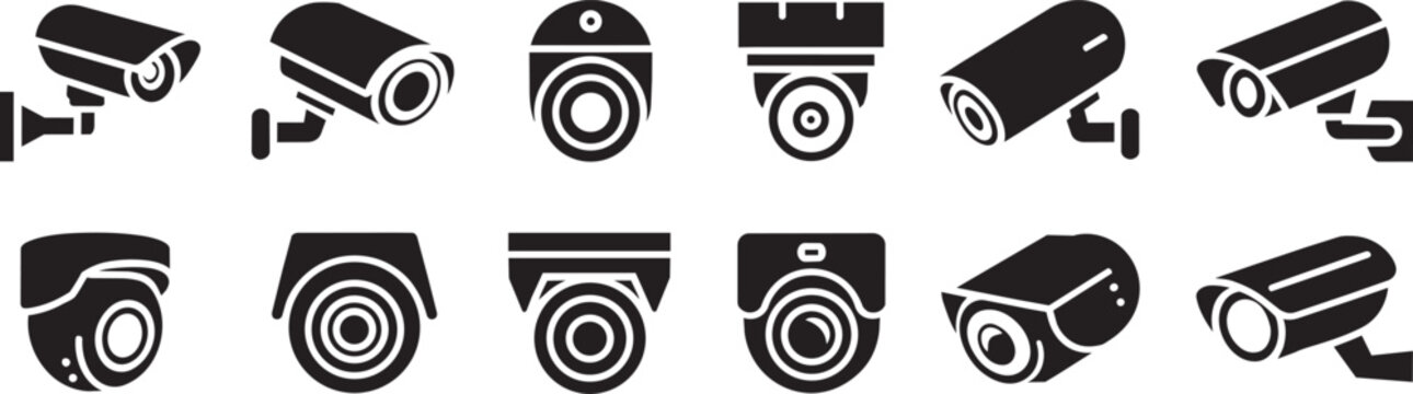 Security camera icons set flat vector graphic design elements displaying various surveillance devices dome and bullet style cameras isolated on transparent backdrop for safety systems.