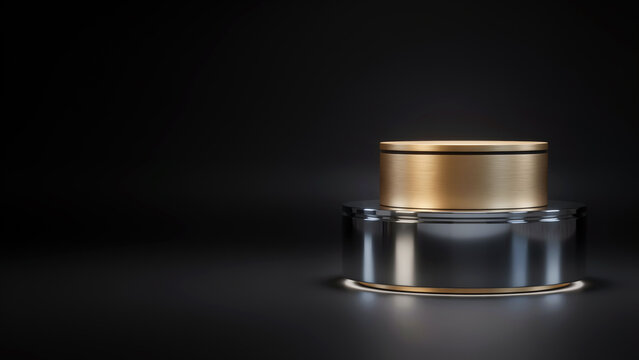 Brushed gold cylinder resting on a reflective chrome pedestal, set against a dark minimalist background