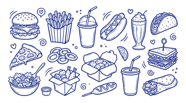 Street Food Doodle Vector Icon Pack for Takeaway Menu and Delivery