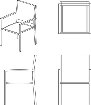 Technical CAD wireframe drawing of a modern armchair showing isometric, top, side, and front elevation views featuring a tubular frame with solid seat and back panels.