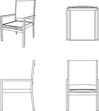 Technical CAD wireframe drawing of a modern armchair showing isometric, front, side, and rear elevation views in black outline.