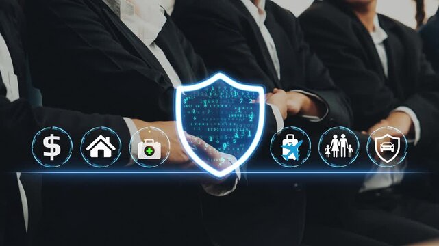 Professional Business Team Showing Digital Security Concepts with Shield Icon and Various Protection Symbols Against Technology Risks and Financial Threats. Entropy.