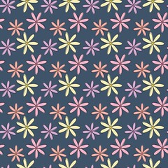 Cheerful pink, yellow, and mauve daisies are tightly distributed over a dark navy blue background. Elegant high-contrast seamless design for trendy phone case shells and modern stationery. © MDC