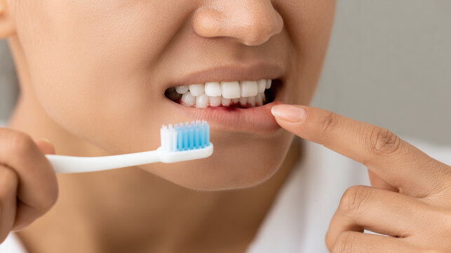 Young woman looking at her red bleeding gums
