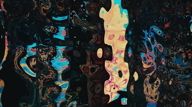 Dark mirrored chrome surface frames a glowing floral-like liquid bloom in turquoise, pink and amber, symmetrical psychedelic pattern