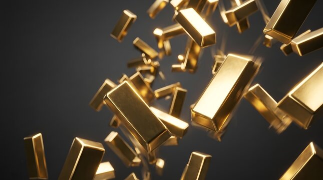 Many shiny gold bullion bars floating and falling dynamically against a dark abstract background