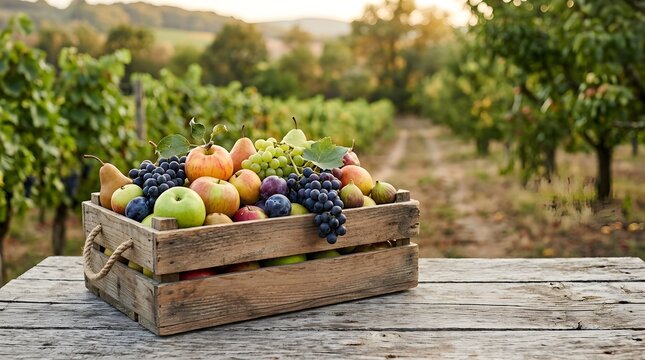 Fresh Organic Fruits in Wooden Crate at Orchard During Harvest Season