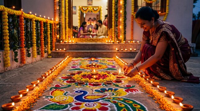 Indian Woman Lighting Diya Oil Lamps on Colorful Rangoli for Diwali Celebration
