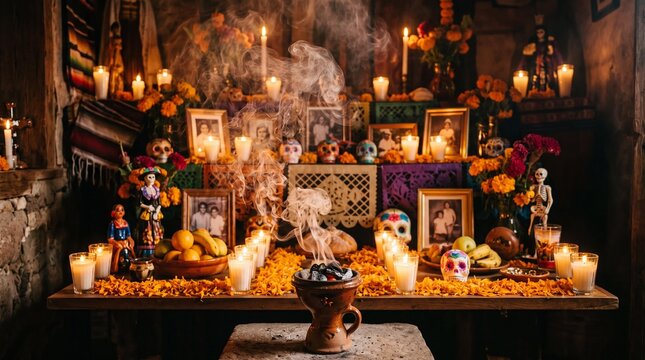 Traditional Day of the Dead altar with copal incense smoke and burning candles