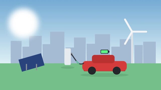 Red electric car charging at station with solar panels and wind turbine, renewable energy concept, futuristic city skyline