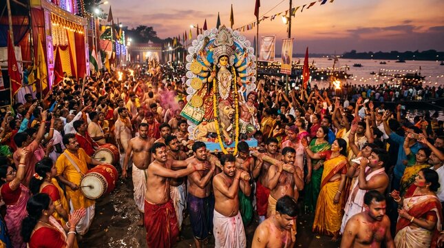 Durga Visarjan Immersion Procession during Durga Puja Hindu Festival in India