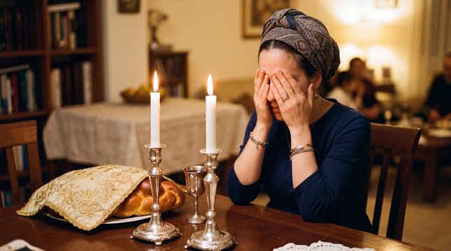 Jewish Woman Covering Her Eyes Blessing the Shabbat Candles at Home