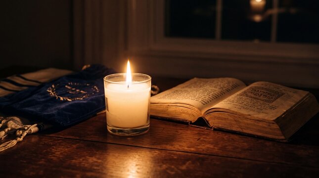 Yom Kippur Memorial Candle with Open Hebrew Siddur Book on Wooden Table