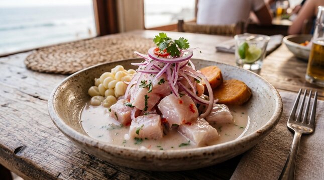 Authentic Peruvian Ceviche with Sweet Potato and Choclo Corn on a Rustic Table