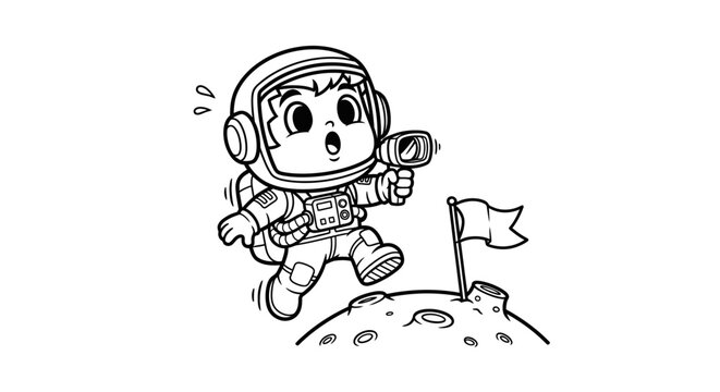 Cartoon astronaut planting flag on moon surface.