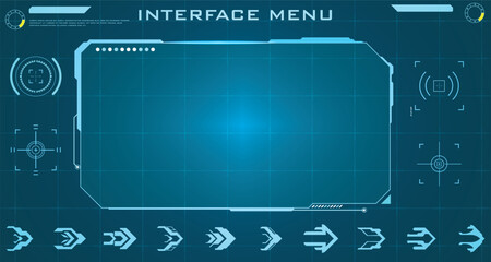 High Tech HUD Interface Panels and Menu Elements Set featuring futuristic digital dashboard screens and navigational cursors for science fiction project development © Erick Setio Pamuji
