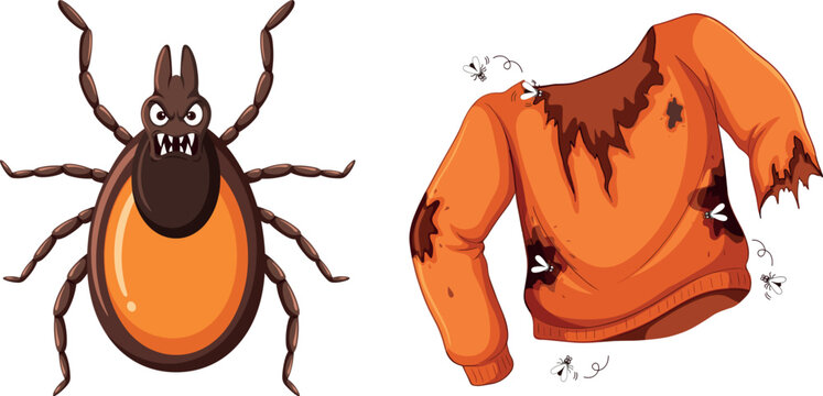 Cartoon Angry Tick Insect and Torn Moth Eaten Orange Sweater Vector Set for Pest Control Designs
