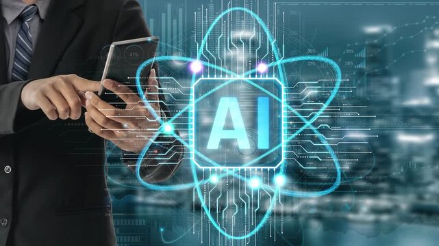 Business Professional Using Smartphone with Artificial Intelligence Concept in Digital Environment, Futuristic Technology Visualization and Data Representation Sigmoid