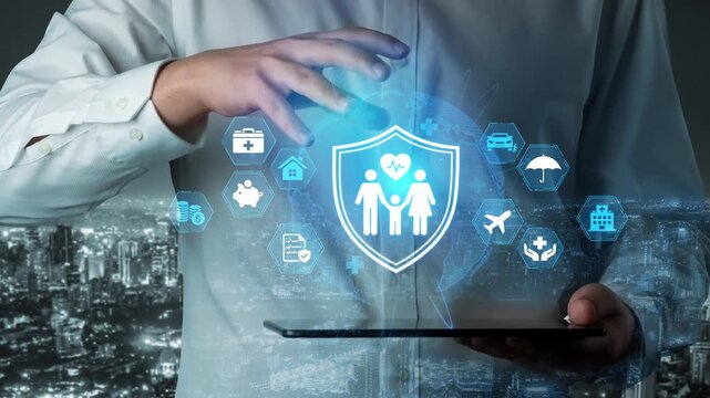 Conceptual image of digital health insurance services with futuristic icons and a business professional managing healthcare solutions on a tablet screen. Entropy.