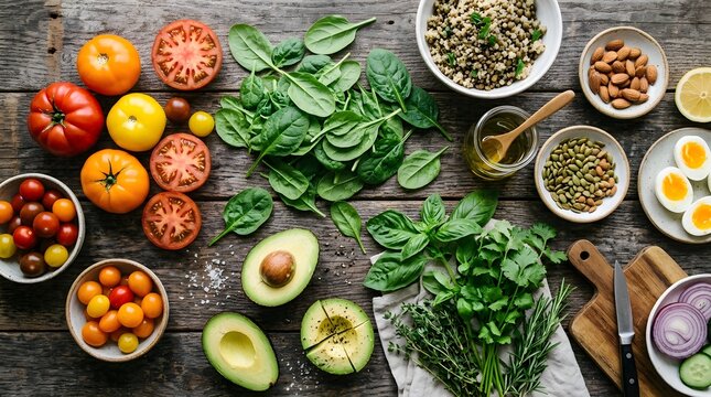 Healthy Fresh Ingredients for Balanced Diet on Rustic Wooden Table Flat Lay