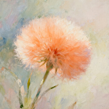 Soft Impasto Floral Oil Painting, Fluffy Orange Round Pom-pom Flowers, Slender Green Stems, Blurred Muted Pastel Grey Blue Gradient Background