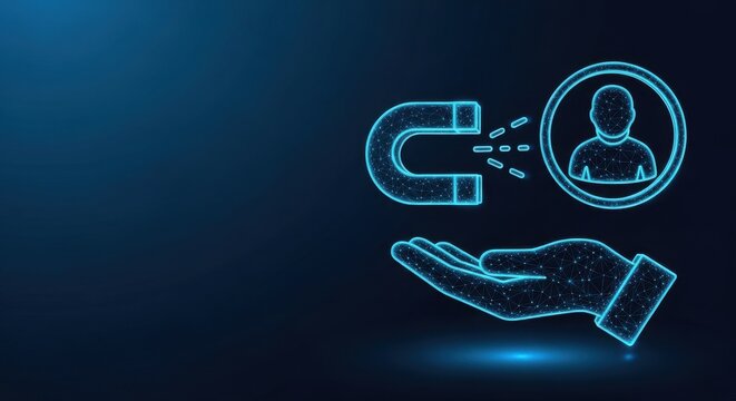 Digital Magnet Attracting Leads with Hand on Blue Futuristic Background