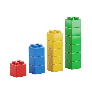 four isolated stacks (1x red, 2x blue, 3x yellow, 4x green) of glossy plastic toy bricks, arranged diagonally on a transparent background, 90-degree flat lay. concept of quantitative analysis and