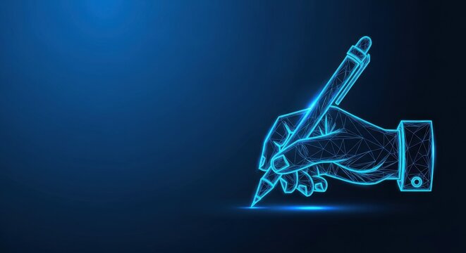 Neon Hand Holding Pen Drawing Digital Art Concept Against Dark Blue Background