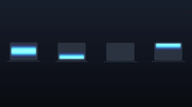 Four flat laptop icons with glowing blue screens on dark background, technology and connectivity