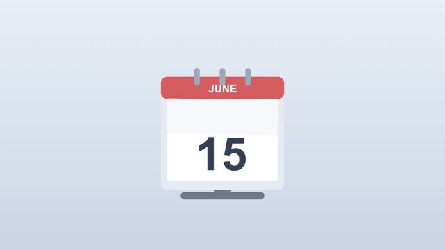 Animated table calendar icon in cartoon style showing June 15, date planner and reminder, simple motion graphic