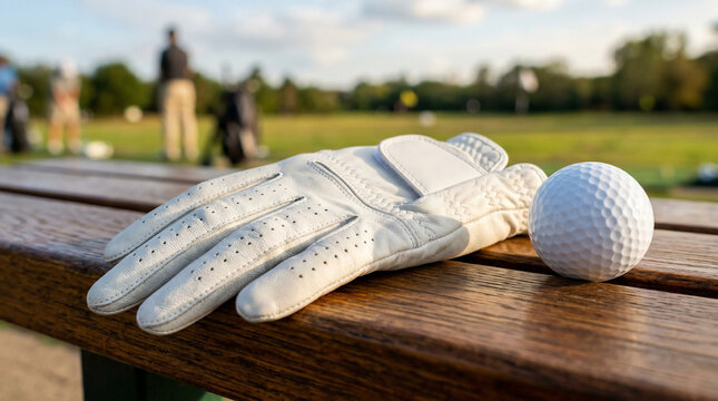 A pristine white golf glove and a textured golf ball lie ready on a rustic wooden bench, overlooking a lush driving range under the bright sun, embodying the spirit of the game and outdoor leisure