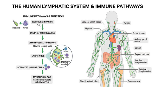 Human Lymphatic System and Immune Pathways Diagram