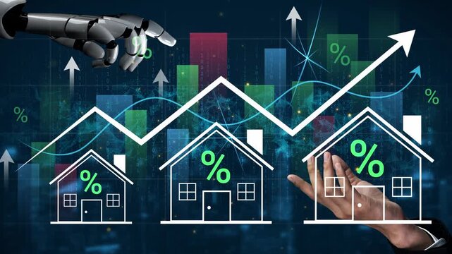 Robotic Hand Interacting with Real Estate Growth Chart and Houses Symbolizing Technology and Market Trends in Modern Economy. Entropy.