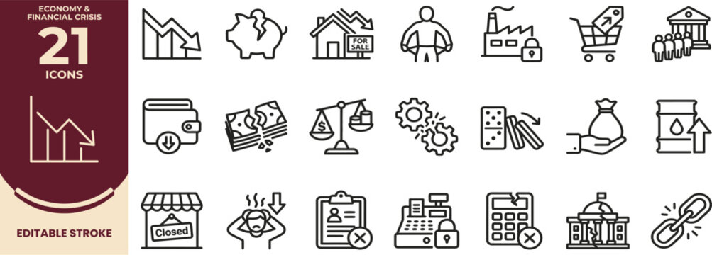 Economy and Financial Crisis Line Icons Vector.