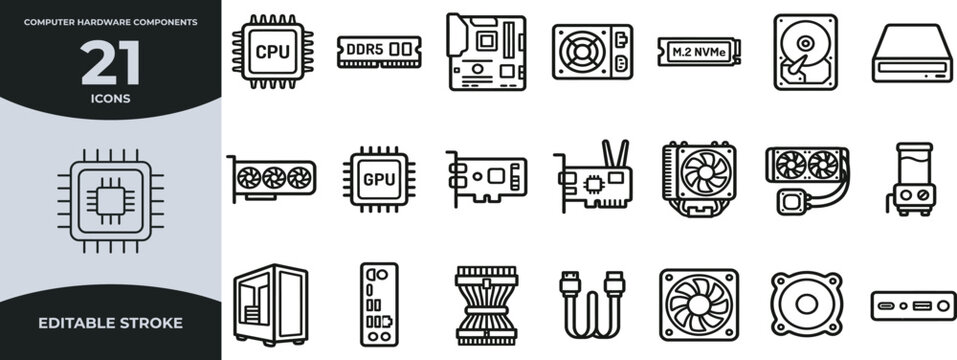 Computer Hardware Components and PC Parts Line Icons Vector.