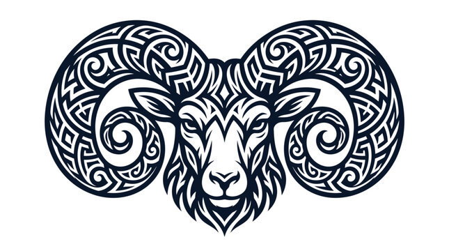 Black and white tribal ram head emblem featuring intricate swirling patterns and geometric motifs on large curved horns, representing the Aries zodiac sign on a white background.